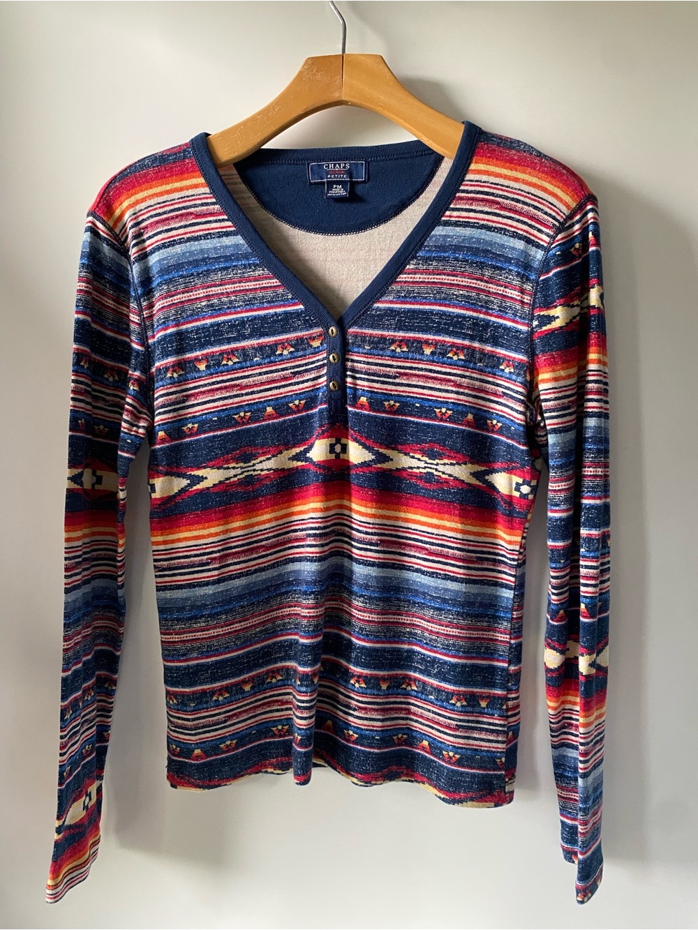 Chaps Southwestern Stripe Henley Top Petite PM Blue Red Aztec Print Long Sleeve